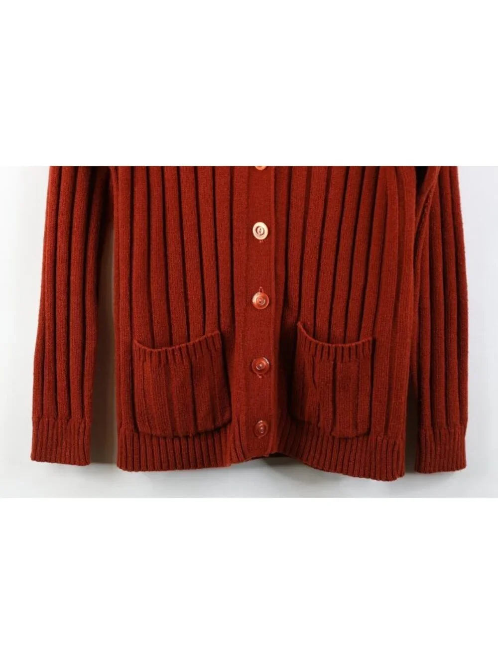 Vintage 70s Streetwear Womens Medium Blank Ribbed Knit Cardigan Sweater Orange